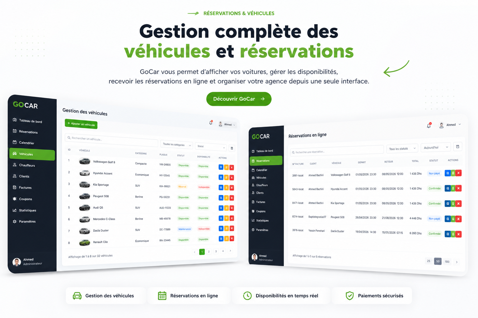 Interface moderne GoCar gestion véhicules et réservations