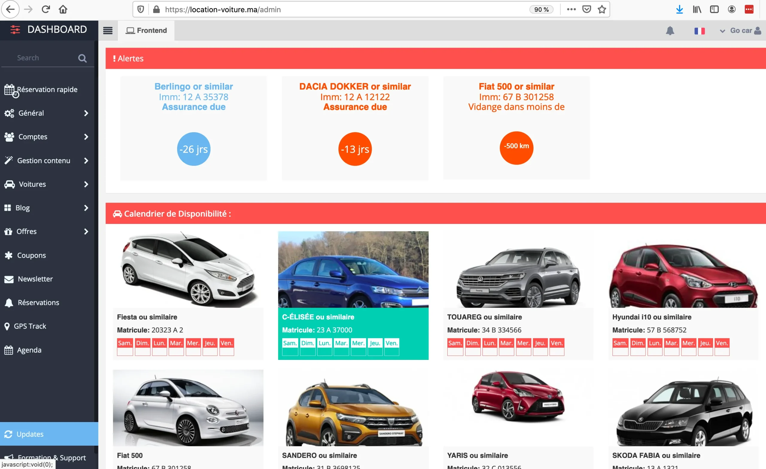 les alertes des véhicules et le calendrier de disponibilité