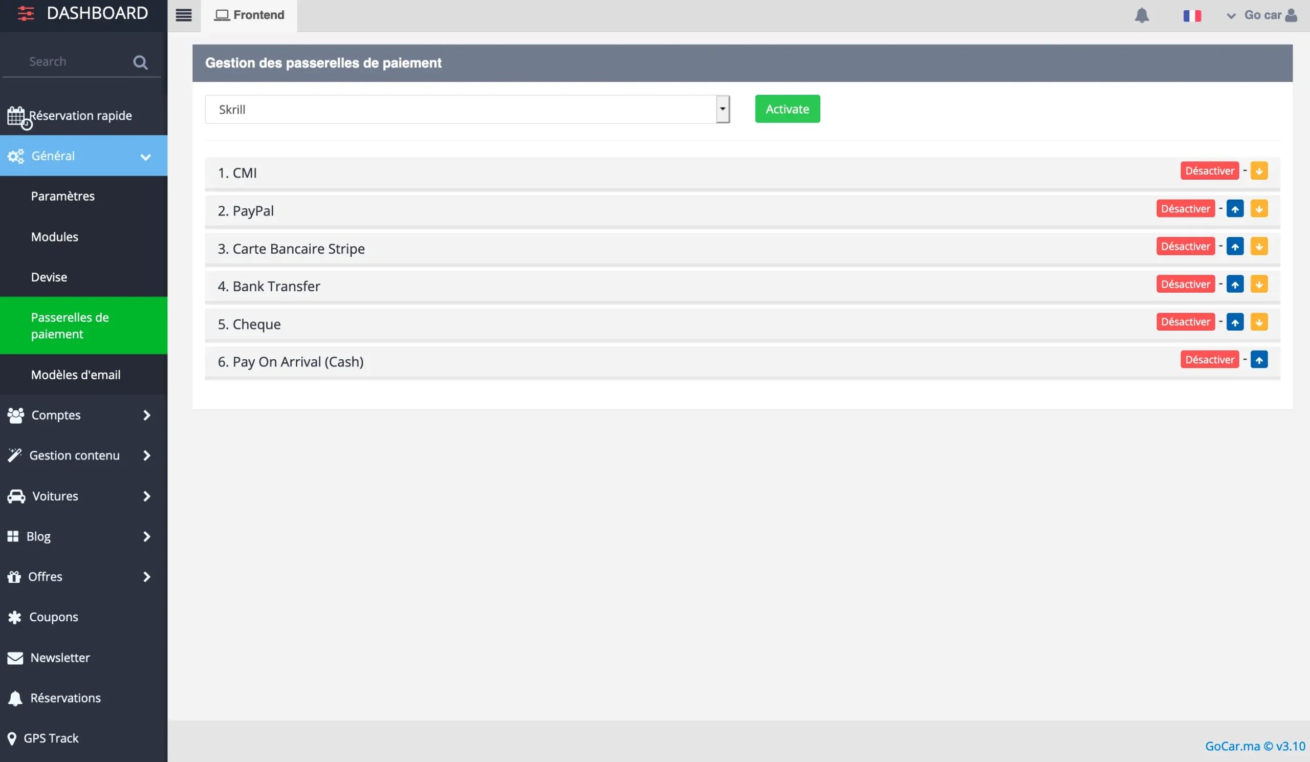 interface de gestion des passerelles de paiement
