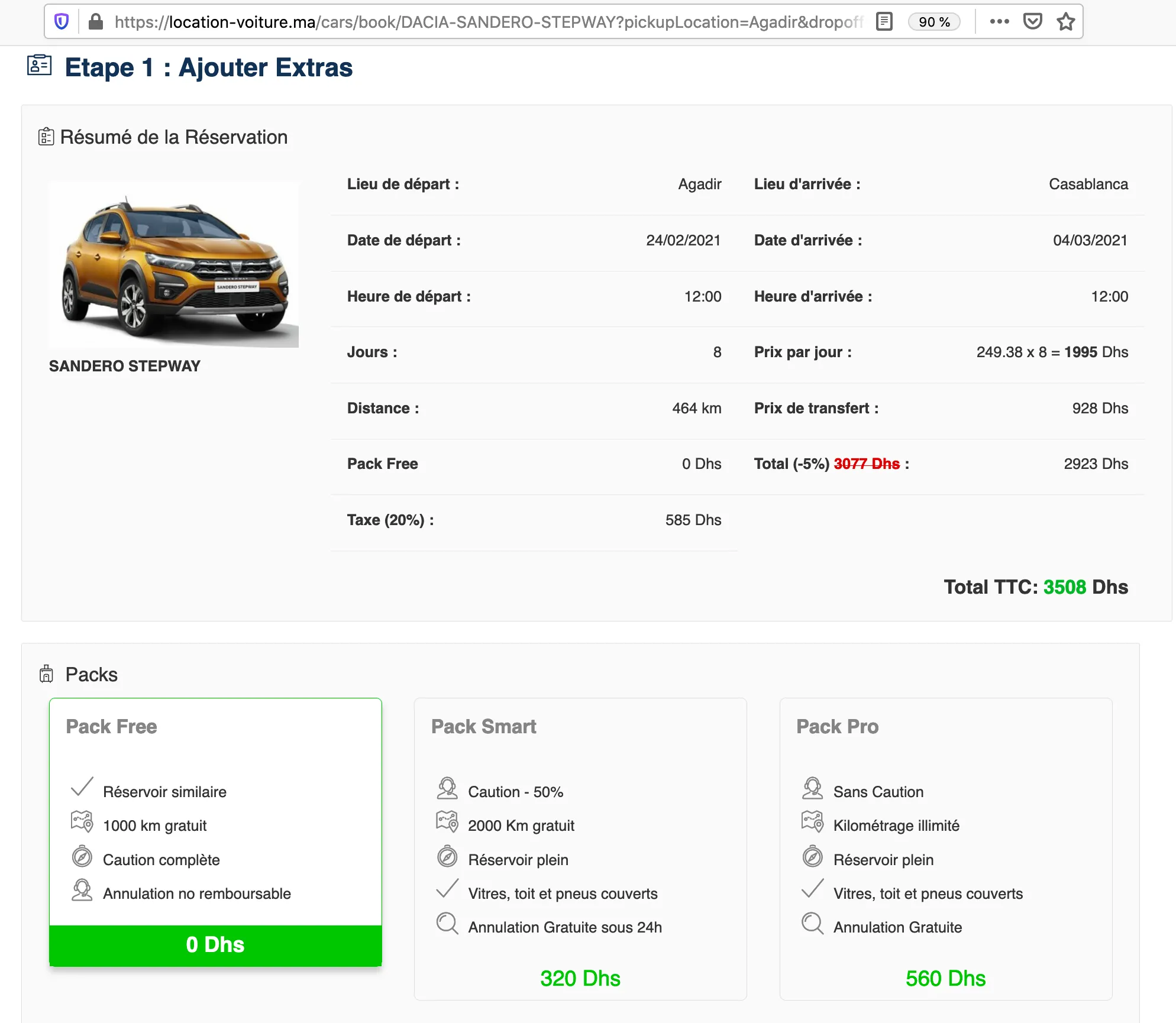 Interface de sélection des packs et résumé de réservation de véhicule
