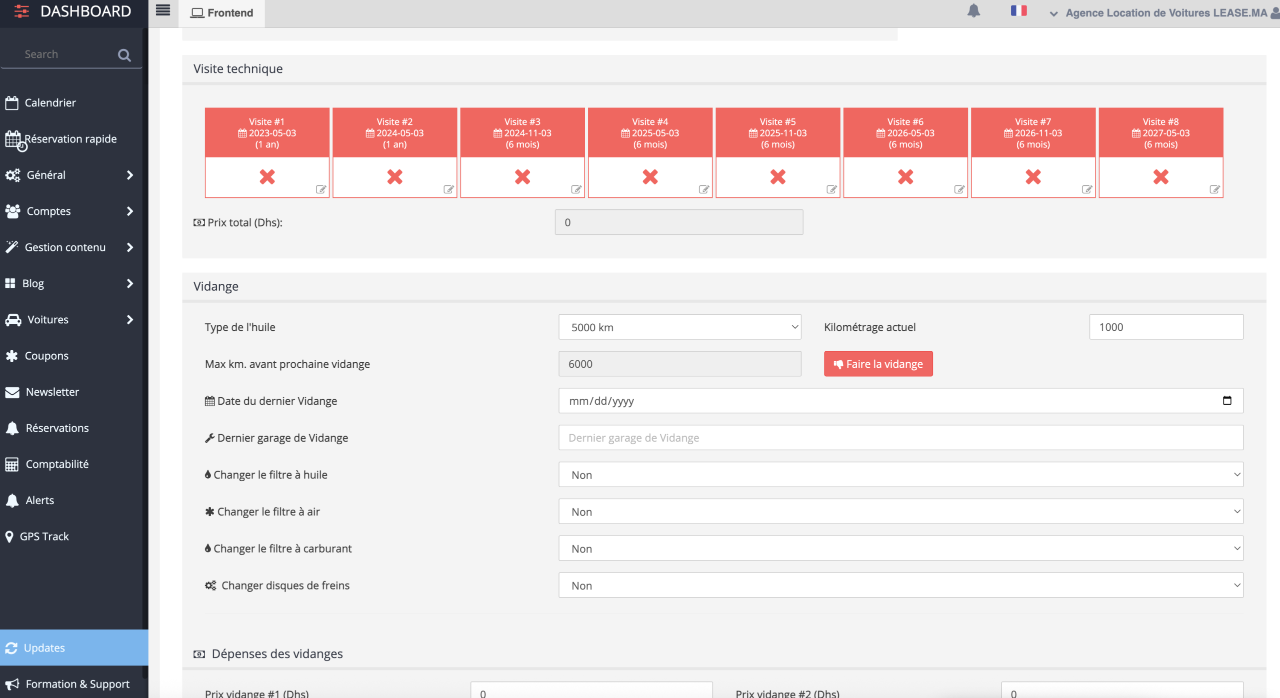Interface de visite technique et vidange